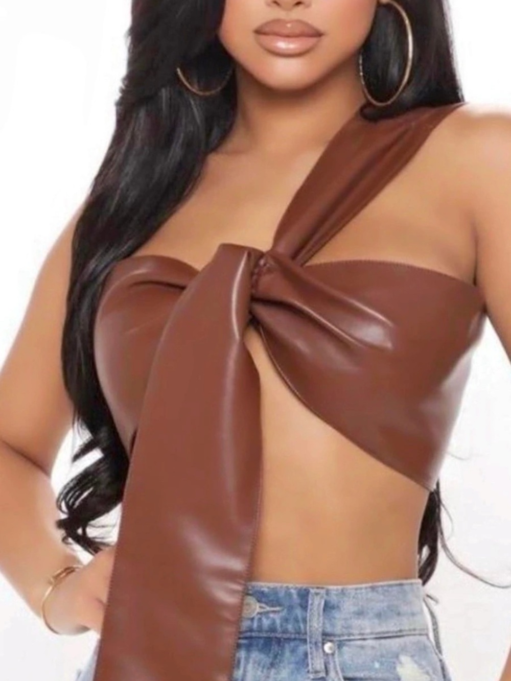 Fashion Nova Brown Faux Leather Tie Front Crop Top NWT